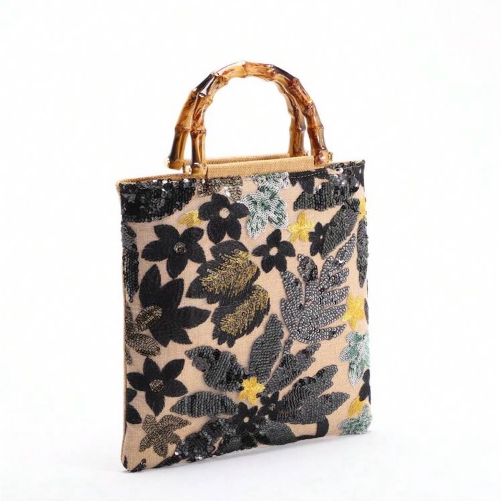 New  Black & Beige Beaded Floral Tote with Bamboo Handles